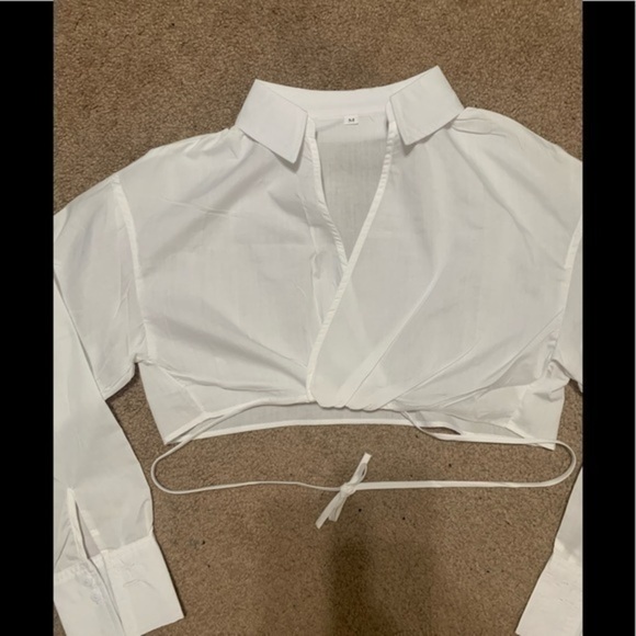 White Long Sleeve Cropped Shirt Waist Tie Small - Picture 8 of 10